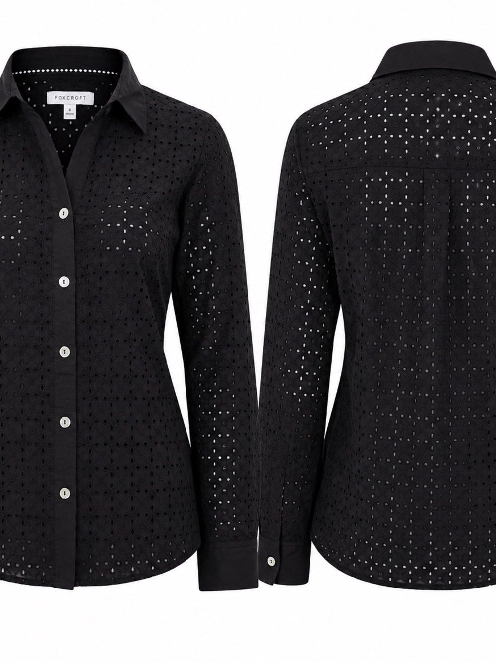 Foxcroft Women’s Size 6 Black Eyelet Button Down Shirt Shaped Fit 100% Cotton